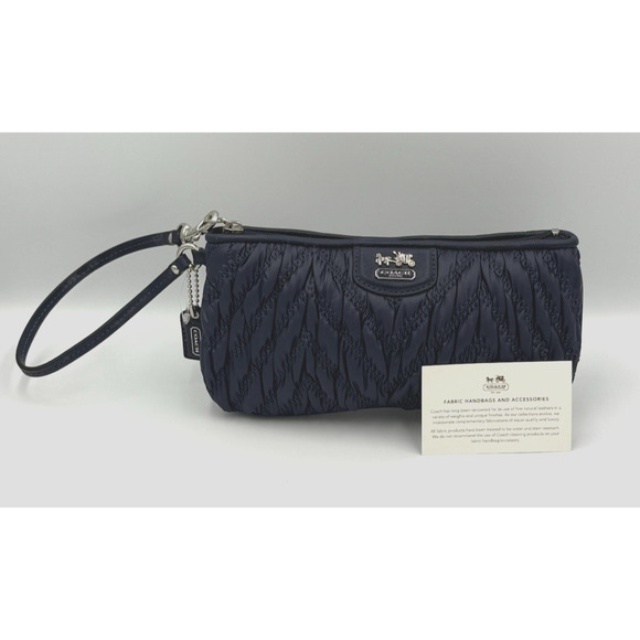 Coach Quilted Nylon Wristlet Clutch Navy Blue Silver Logo Zip Wallet Bag - Picture 1 of 10